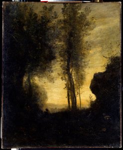 Sittende geit spiller fløyte i en lysning. Maleri av Camille Corot (1796-1875) av Jean Baptiste Camille Corot