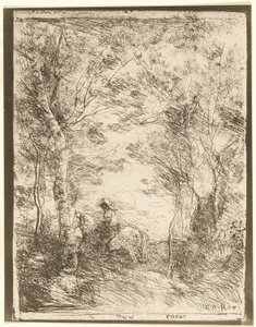 Rytteren i skogen, liten tallerken av Jean Baptiste Camille Corot
