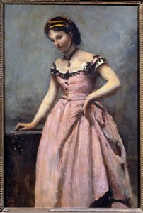 Ung jente med rosa kjole Maleri av Camille Corot (1796-1875) Søn fra 1800-tallet. 0,46x0,32 m Paris, musee d