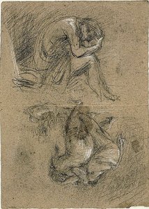 Skisser: Sittende mann med hodet i hendene og to figurer som bøyer seg mot andre i bakgrunnen (recto); Tilbakelent kvinne (verso) av Jean Baptiste Carpeaux