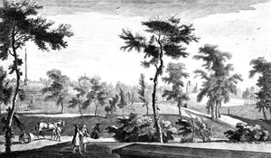 En utsikt fra det greske tempelet til Lord Cobhams søyle, Stowe House Gardens, gravert av George Bickham, 1753