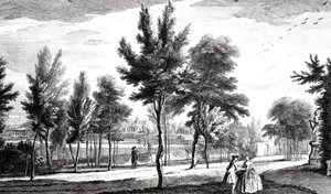 En utsikt over Elysian Fields fra Spring of Helicon, Stowe House Gardens, gravert av George Bickham, 1753
