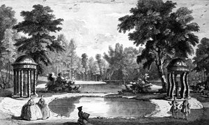 En utsikt over grotten og to skjelltempler, Stowe House Gardens, gravert av George Bickham, 1753