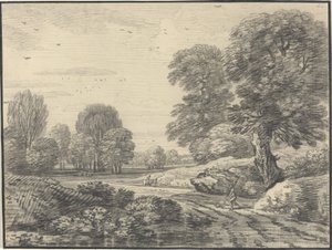 Reisende på en vei i et skogslandskap av Jean Baptiste Claude Chatelain