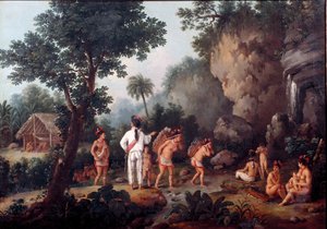 Slaveri; ""slavejakt""" indiske familier (fra Brasil?) blir tatt av slavehandlere. Maleri av Jean Baptiste Debret (1768-1848). Olje på lerret. Museum of Sao Paulo, Brasil.