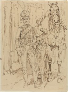 En fransk husar som leder en hest av Jean Baptiste Edouard Detaille