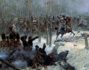 Russisk felttog i 1812: "" Anklager for det syvende slagskipet til oberst Dubois ved la Berezina (Beresina) 28.11.1812 i Russland"" Detalj. Maleri av Jean-Baptiste-Edouard (Jean Baptiste Edouard) Detaille (1848-1912) 1800-tallet. Paris, Musee de l