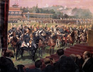 Utdeling av flagg på Longchamp av president Jules Grevy i nærvær av Leon Gambetta 14. juli av Jean Baptiste Edouard Detaille