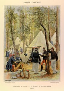 Typer og uniformer av den franske arméen til kaptein Jules Richard, illustrert av Edouard Detaille (1848-1912): Linjeinfanteri: Sersjantmajorens kontor i 1885, privat samling av Jean Baptiste Edouard Detaille