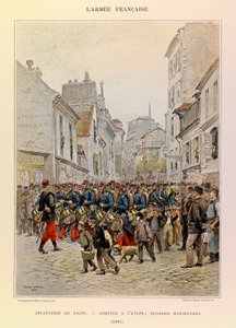 Typer og uniformer til den franske arméen til kaptein Jules Richard, illustrert av Edouard Detaille (1848-1912): Linjeinfanteri: Ankomst til scenen under de store manøvrene i 1885, Privat samling av Jean Baptiste Edouard Detaille