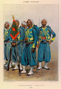 Typer og uniformer til den franske Armee of Captain Jules Richard, illustrert av Edouard Detaille (1848-1912): Native Tirailleurs in Great Outfit in 1886, Private Collection av Jean Baptiste Edouard Detaille
