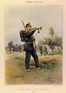 Typer og uniformer til den franske Armee av kaptein Jules Richard, illustrert av Edouard Detaille (1848-1912): Jegere til fots: Bugle i flott kjole i 1885, Privat samling av Jean Baptiste Edouard Detaille