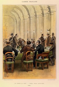 Typer og uniformer til den franske Armee of Captain Jules Richard, illustrert av Edouard Detaille (1848-1912): Trekningen i Paris, Salle Saint Jean i 1887, Privat samling av Jean Baptiste Edouard Detaille