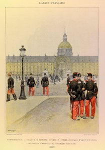 Typer og uniformer til den franske arméen til kaptein Jules Richard, illustrert av Edouard Detaille (1848-1912): Administrasjon: Rytter, militær kontorist og administrative arbeidere, stabssekretærer, militærsykepleiere i 1887, Privat samling av Jean Baptiste Edouard Detaille