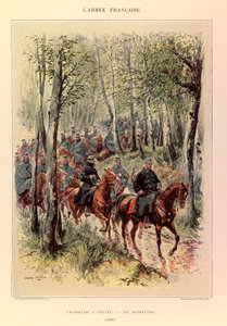 Typer og uniformer til den franske Armee of Captain Jules Richard, illustrert av Edouard Detaille (1848-1912): Hunters a horse in maneuver in 1885, Private Collection av Jean Baptiste Edouard Detaille
