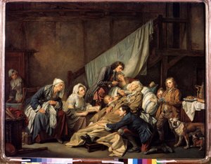 ""The Filial Piety or the Paralytic Rescued by His Children"" (Filial Piety (The Paralytic)) Maleri av Jean Baptiste Greuze (1725-1805) 1763 Dim. 115x146 cm Eremitagemuseet, St. Petersburg av Jean Baptiste Greuze