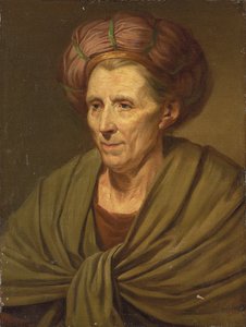 Portrett av en kvinne, bystelengde, med brun turban og grønt sjal av Jean Baptiste Greuze