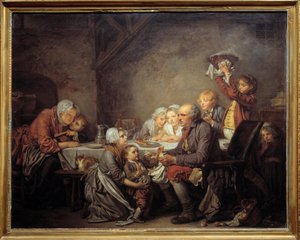 The Kings cake En familie som deler kaken på helligtrekongerfesten. Maleri av Jean Baptiste Greuze (1725-1805) 1774 Søn. 0,72x0,91 m Montpellier musee Fabre av Jean Baptiste Greuze