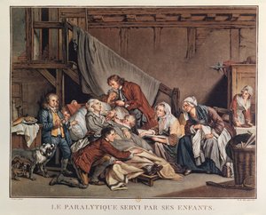 Den lamme mannen hjulpet av sine barn, gravert av Alix, ca. 1800 av Jean Baptiste Greuze