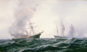 Et skip i brann på havet, med et annet stående