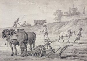 Pløying av åkrene (penn og blekk og vask på papir) av Jean Baptiste Huet