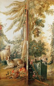 Salong av trykkeri Gilles Demarteau, to paneler 1. hund og sau 2. plantet appelsintre med hakkeduer
