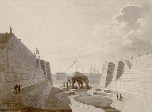 Tørrdokking i Cherbourg, juli 1813 (penn, blekk og wc på papir) av Jean Baptiste Isabey