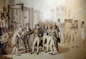 Napoleon Bonaparte (1769-1821), førstekonsul, i nærvær av Josephine de Beauharnais, besøker fløyelsfabrikken til de syv brødrene i Rouen, november 1802. Tegner i vasken til Jean Baptiste Isabey (1767-1855) 1804 Søn. 1,24x1,76 m Versailles, mu av Jean Baptiste Isabey