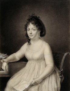 En sittende dame, trekvart lang, antagelig et medlem av kunstnerens familie som holder et brev i venstre hånd og hviler høyre arm på siden av et piano, 1820