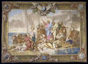 ""Det mirakuløse fiske"" Det nye testamente hengende i ull og silke Manufacture royale des Gobelins, verksted til Jean Lefebvre, etter Jean Jouvenet (1644-1717) av Jean Baptiste Jouvenet