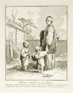 Gift Woman and her Children, plate fem fra Divers Habillements des Peuples du Nord av Jean Baptiste Le Prince