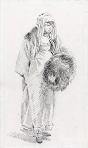 Russisk kvinne med pelsmuff av Le Prince, Jean-Baptiste (1734-1781), Mellom 1758 og 1761 - Svart kritt på papir, 22,9x13,8 - Privat samling