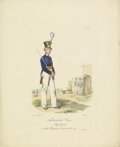 Adjutant for det sveitsiske regimentet, 1820-1825 Nederlandsche Armée Adjutant for Regiment Swiss No. 29 (tittel på objekt) Militære kostymer fra kongeriket Nederland. Dedikert til Hans Eksellens Willem van Bylandt (serietittel på objekt
