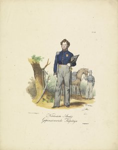 Pensjonert kaptein, 1820-1825 Nederlandsche Armée, pensjonert Kapiteyn (tittel på objekt) Militære kostymer fra kongeriket Nederland. Dedikert til Hans eksellens Willem van Bylandt (serietittel på objekt)