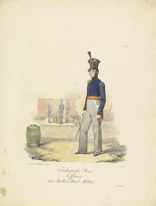 Offiser for artilleri, 1820-1825 Nederlandsche Armée Officier der Artillerie Nat.le Militie (tittel på objekt) Militære kostymer fra kongeriket Nederland. Dedikert til Hans eksellens Willem van Bylandt (serietittel på objekt)