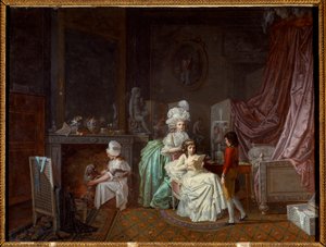 Familie frisyre i privatlivet til et soverom, moren varmer datteren som leser. En annen leker med hunden. Maleri av Jean Baptiste Mallet (1759-1835) Paris fra 1700-tallet, dekorativ kunst