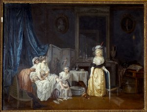 Toalettet En ung kvinne med hjelp av sine jomfruer er i ferd med å ta et bad. Maleri av Jean Baptiste Mallet