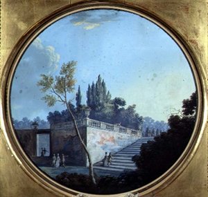 Klassisk hage, muligens i Versailles (akvarell og gouache på papir) av Jean Baptiste Marechal
