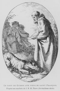 Ulven fra Gubbio ved føttene til den hellige Frans av Assisi (litho) av Jean Baptiste Marie (after) Pierre