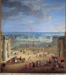 Les Ecuries sett fra slottet i Versailles, hentet fra marmorgårdsplassen, Francoise d'Aubigne, Marquise (Madame) de Maintenon (1635-1719), favoritten til Ludvig XIV, liker å kjøre med vogn til Saint-Cyr Maleri av Jean- Baptiste Martin (den eldste) ( av Jean Baptiste Martin