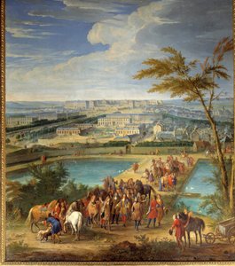 Utsikt over byen og slottet i Versailles tatt fra bakken av montbauron, Louis XIV (1638-1715) og Francois Michel le Tellier, Marquis de Louvois besøker de nye reservoarene Maleri av Jean-Baptiste Martin (den eldste) (1659-1735) ) 1600-tallet søn. 2, av Jean Baptiste Martin