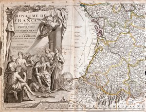 Kart over Guyenne og Gascogne, med et portrett av Ludvig XIV (1638-1715) omgitt av allegoriske karakterer av Jean Baptiste Nolin