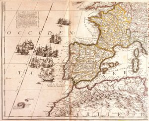 Kart over de vestlige middelhavslandene: Frankrike, Spania, Portugal og Nord-Afrika (Marokko, Algerie, Tunisia), med Balearene, Korsika og Sardinia (radering