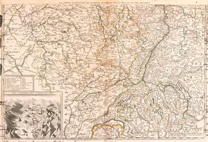 Kart over området rundt Rhinen (Tyskland, Sveits, Frankrike) (Gravering