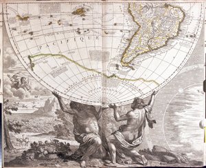 To menn støtter den jordiske gobe, med kartet over Sør-Amerika (etsing av Jean Baptiste Nolin