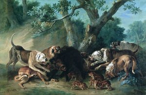En vill purke og hennes unge angrepet av hunder av Jean Baptiste Oudry
