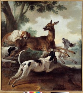 Hjort jaget av hunder. Jaktscene. Maleri av Jean Baptiste Oudry (1686-1755)