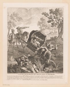 Bærer med hester faller i vannet La Rancune en brancart abbatu dans le bourbier (tittel på objekt) Scener fra Scarrons Roman Comique (serietittel) av Jean Baptiste Oudry