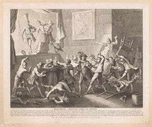 Slåss i et teater Bataille arrivée dans le tripot (tittel på objekt) Scener fra Scarrons Roman Comique (serietittel) av Jean Baptiste Oudry