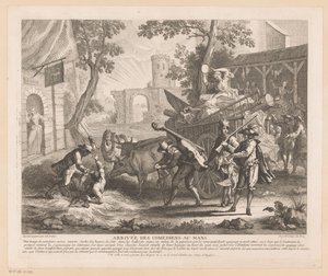 Selskapet ankommer et vertshus Arrivée des comediens au Mans (tittel på objekt) Scener fra Scarrons Roman Comique (serietittel) av Jean Baptiste Oudry